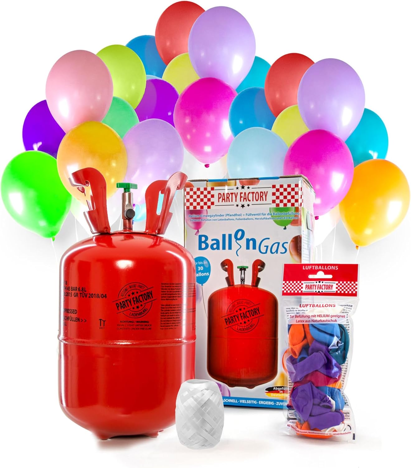 Party Factory Helium Tank for up to 30 Balloons incl. Latexballoons, Helium Cylinder 7 cu. ft. Gas with filling quantity for Balloons, Ideal for Birthday Party, Wedding