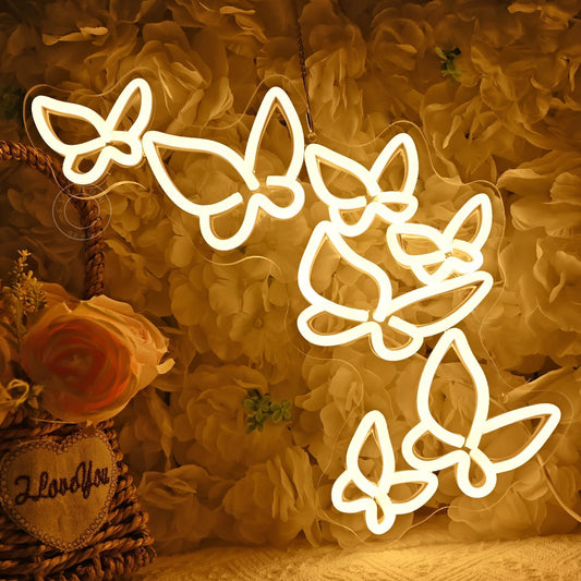 SYLHOME Butterfly Led Neon Light Sign Girls Kids Bedroom Girls Room Beauty Studio Living Room Wedding Birthday Party Light Up Sign 16.5" X 8.9" USB Warm White