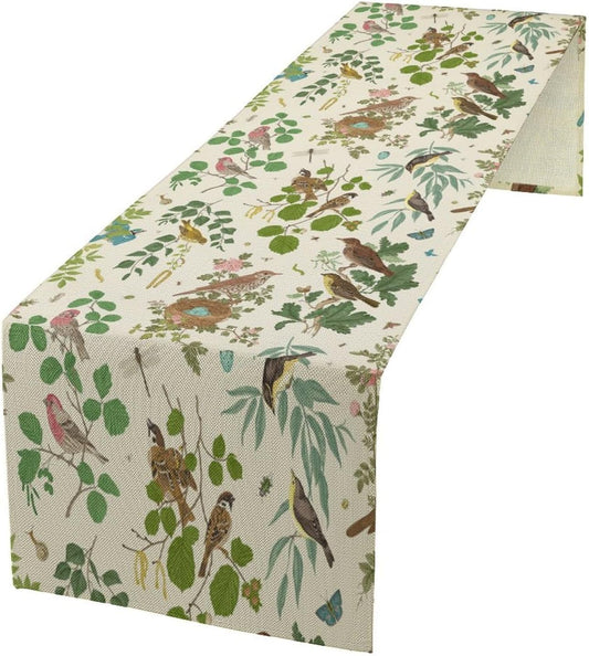 Vintage Bird Flower Table Runner Seasonal Spring Summer Garden Plants Farmhouse Country Kitchen Dining Table Decoration for Home Party Holiday 13"x108"