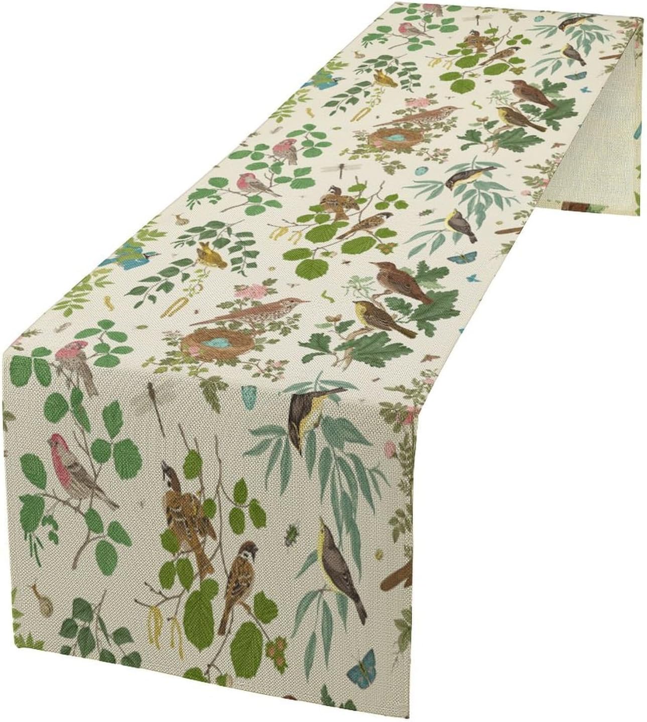 Vintage Bird Flower Table Runner Seasonal Spring Summer Garden Plants Farmhouse Country Kitchen Dining Table Decoration for Home Party Holiday 13"x120"