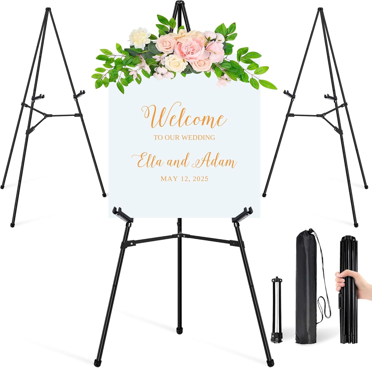 3Pcs Easel Stand for Sign - 63" Display Easel for Wedding Sign Stand Poster Stand, Lightweight Poster Easel for Painting, Folding Portable Easel Stand with Carrying Bag, Black