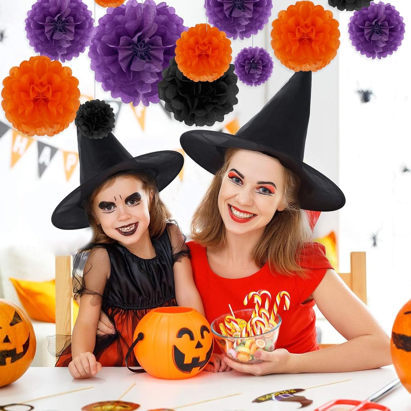 Tissue Paper Pom Poms, Black Orange Purple Tissue Paper Flowers, Hanging Flower Balls for Weddings Fiesta Parties Birthday Baby Showers Classroom Bridal Shower Decoration (18Piece Set-6/10/12/14Inch)