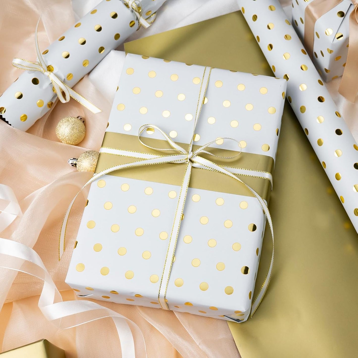 Flyhill Reversible Wrapping Paper-Mini Roll,Gold Foil and Polka Dot Design for Birthday,Holiday,Party,Baby Shower (17 Inch X 32.8 Feet)
