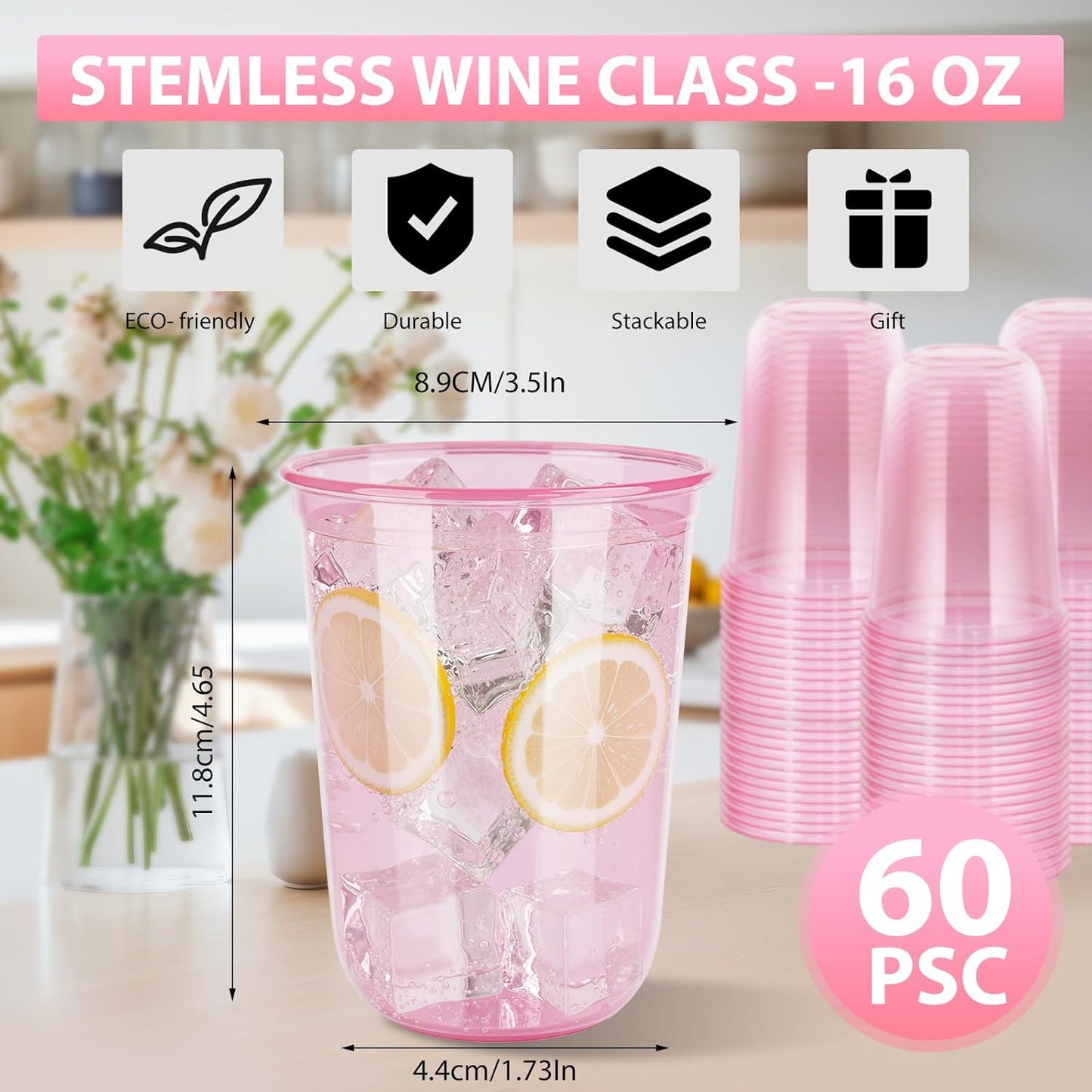 60 Pcs Disposable Stemless Clear Glasses 16 oz NATURAL Arc Crystal Plastic wine glasses Clear Classic Pet Cup for Meeting Weddings Birthdays Cocktail Christmas Party Supplies