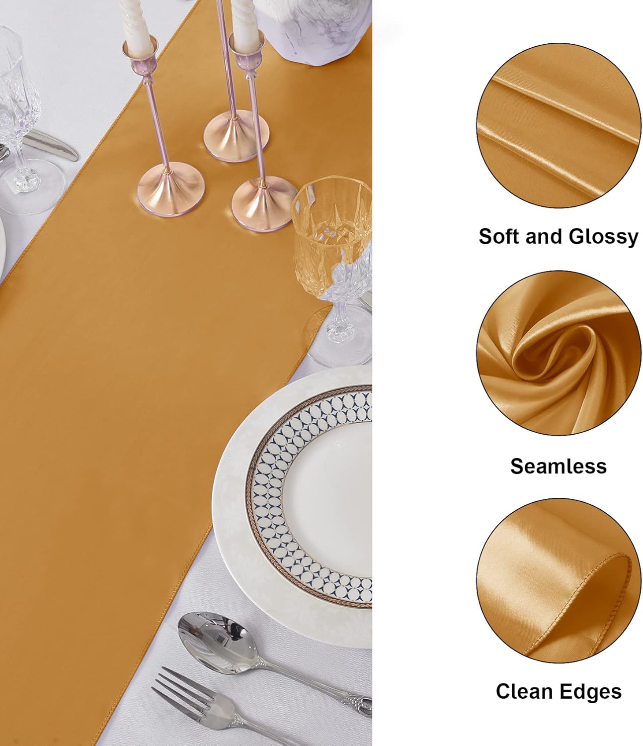 6Pack Table Runner 12 x 108 Inches Satin Silk Table Runner for Wedding, Birthday Party, Banquets, Graduations Decoration, fit Rectange and Round Table-Gold