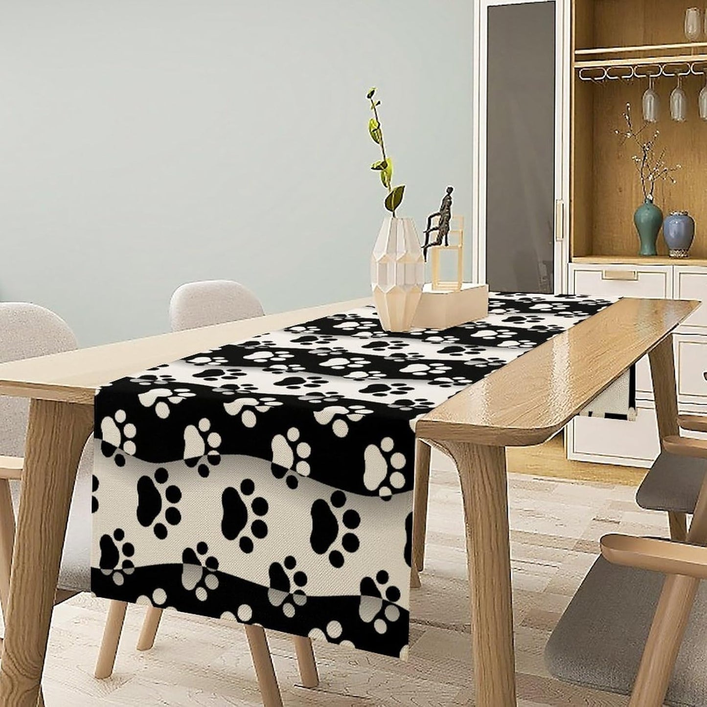 Dog Paw Table Runner,Kid Cute Animal Footprint Black White Theme Design Print Tablecloth Burlap for Hotel Indoors Outdoor Dining Room Kitchen Home Decor,W13X L90 in