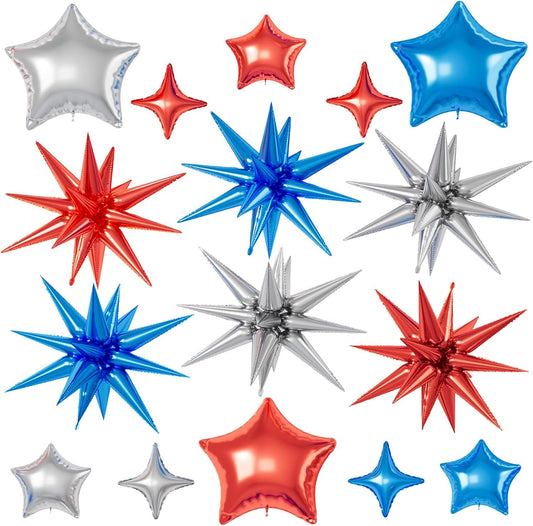 16 Pcs Red Blue Silver Star Balloons,22/18/10 Inch Foil Balloons, Four-Pointed Balloon for Kids Boy Birthday Graduation Wedding Baby Shower Party Decoration