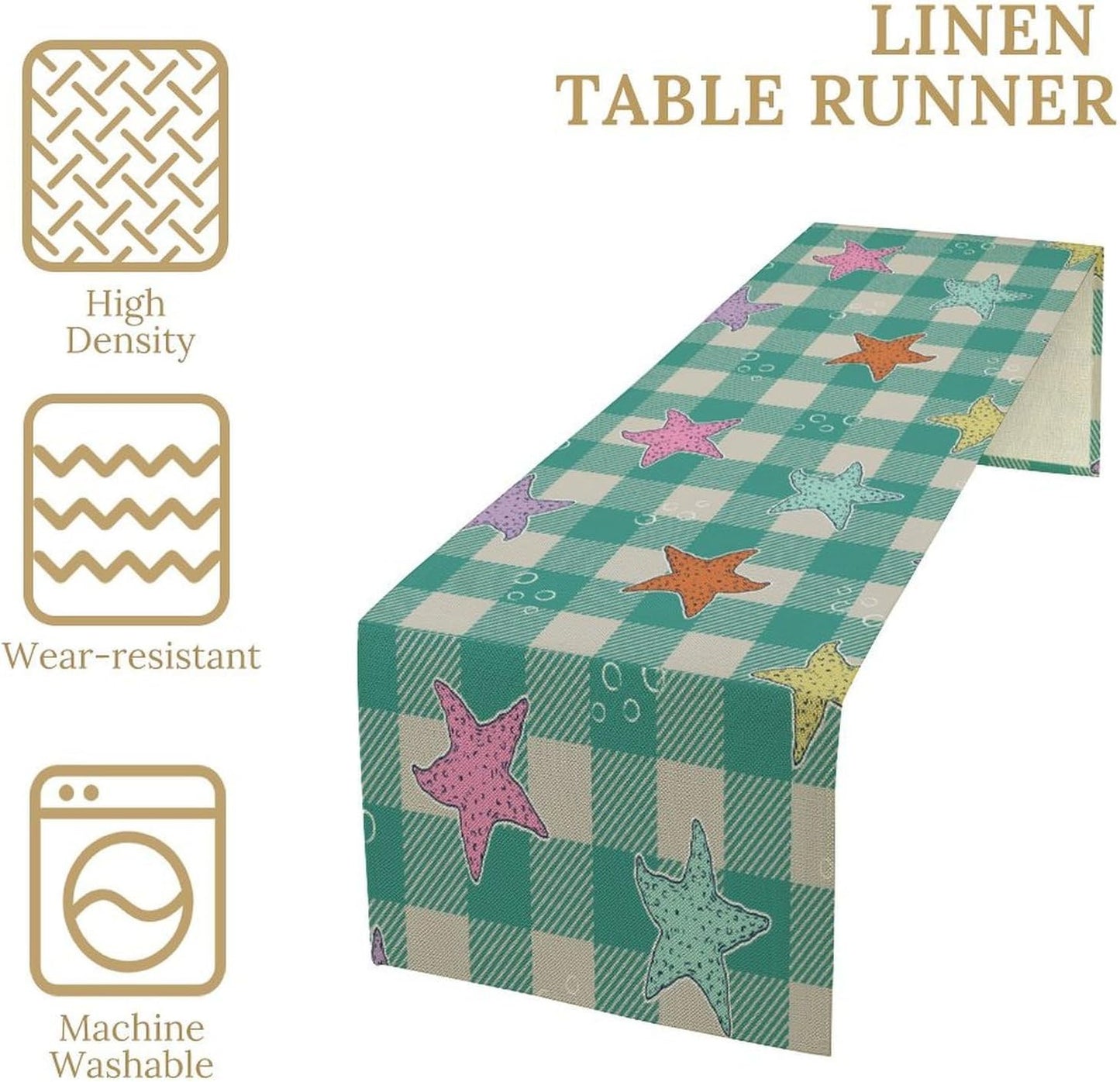 Starfish Plaid Table Flag Green Plaid and Marine Life Starfish Kitchen Table Flag Suitable for Birthday Party Restaurant Decoration Outdoor Picnic 13 * 70 Inch