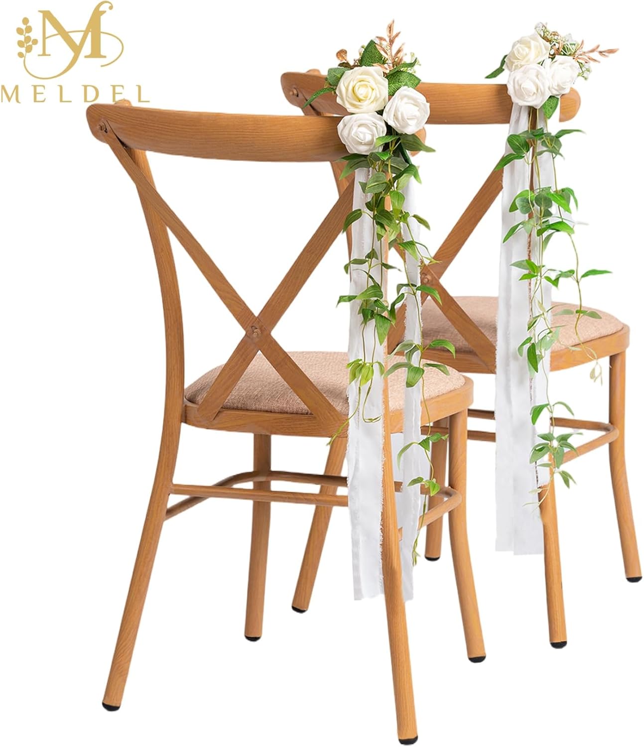 Meldel Wedding Chair Decorations Aisle Floral Set of 10 Artificial Flowers Ivory White Rose Garland with Hanging Ribbions for Ceremony Reception Church Arrangement Party Wedding Pew Decor Flower