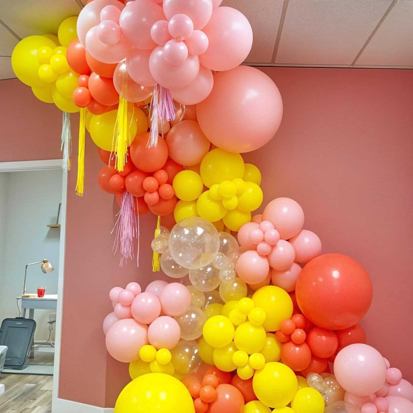 Pink and Yellow Balloons, 50pcs Hot Pink Yellow Balloons With Pastel Long Balloon Gold Crown Foil Balloon For Girls Women Birthday Baby Shower Party Wedding Bridal Shower Engagement Decor