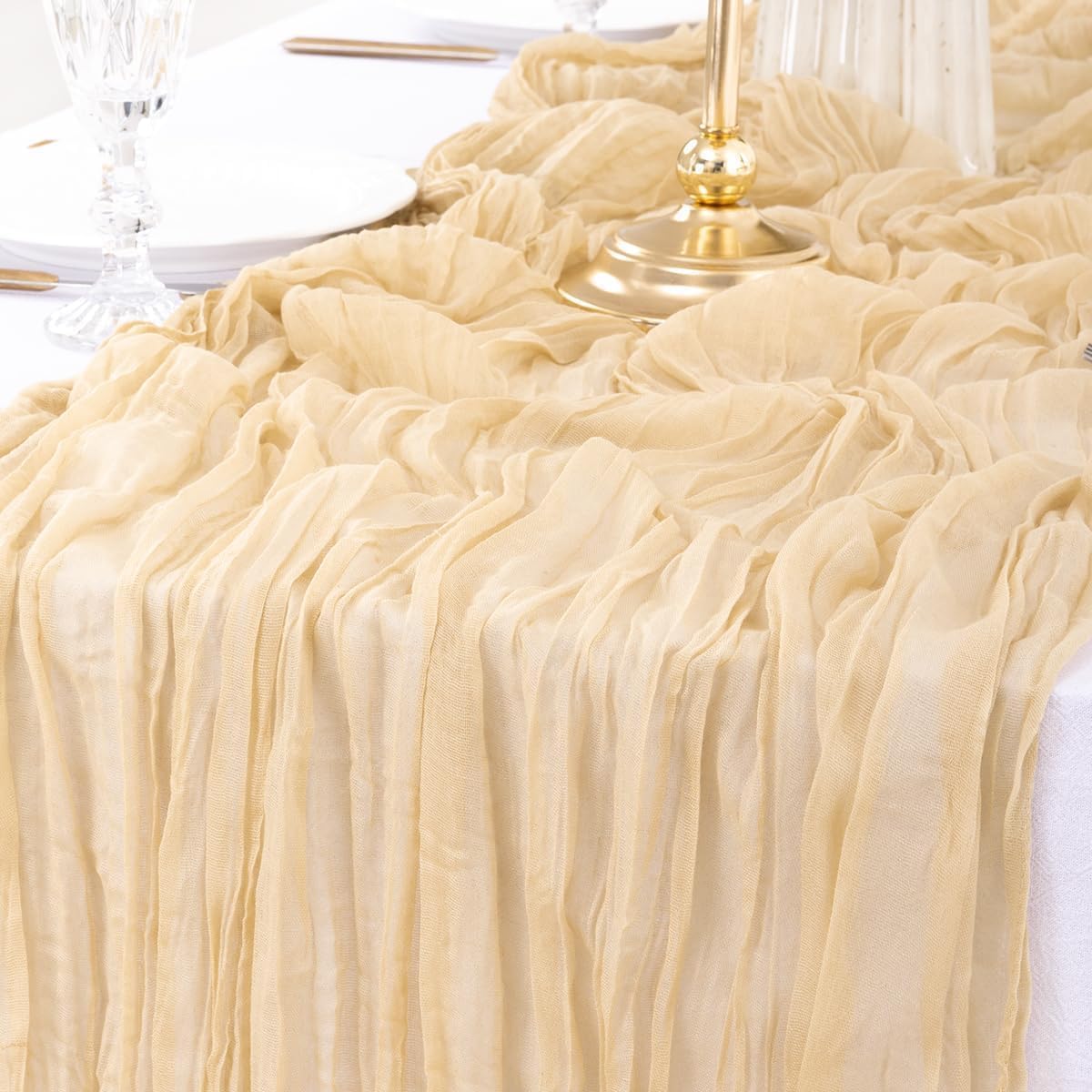 6Pcs Shallow Khaki Cheesecloth Table Runner 120 Inch10FT Champagne Rustic Boho Cheesecloth Table Runnerfor Wedding Party Baby Shower Birthday Home Decor Holiday Decorations