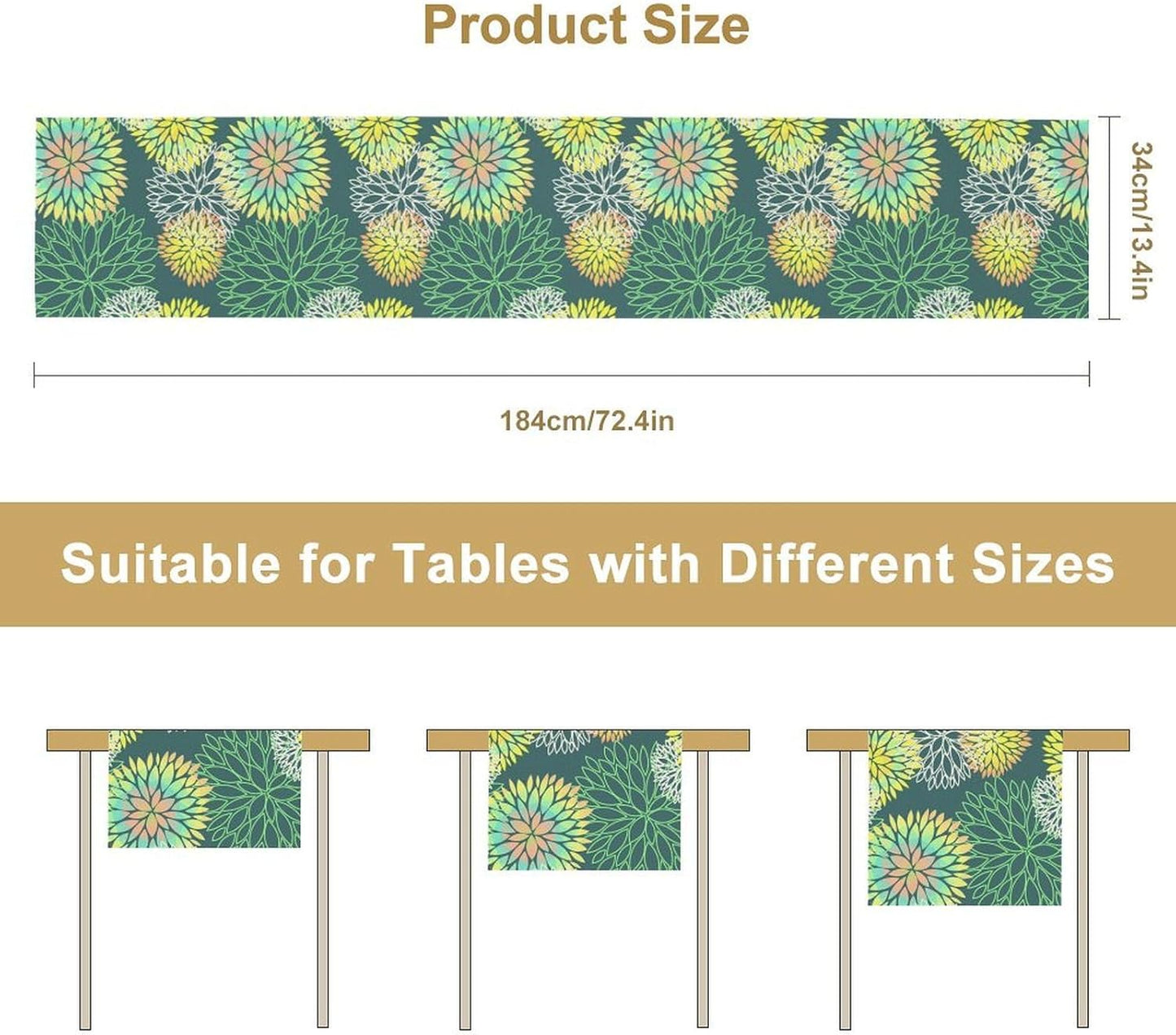 Green Dahlia Flower Table Runner, Linen Geometric Pattern Floral Table Decor Spring Farmhouse Decorations for Kitchen Dining Holiday Party Decor, 13x120 Inch