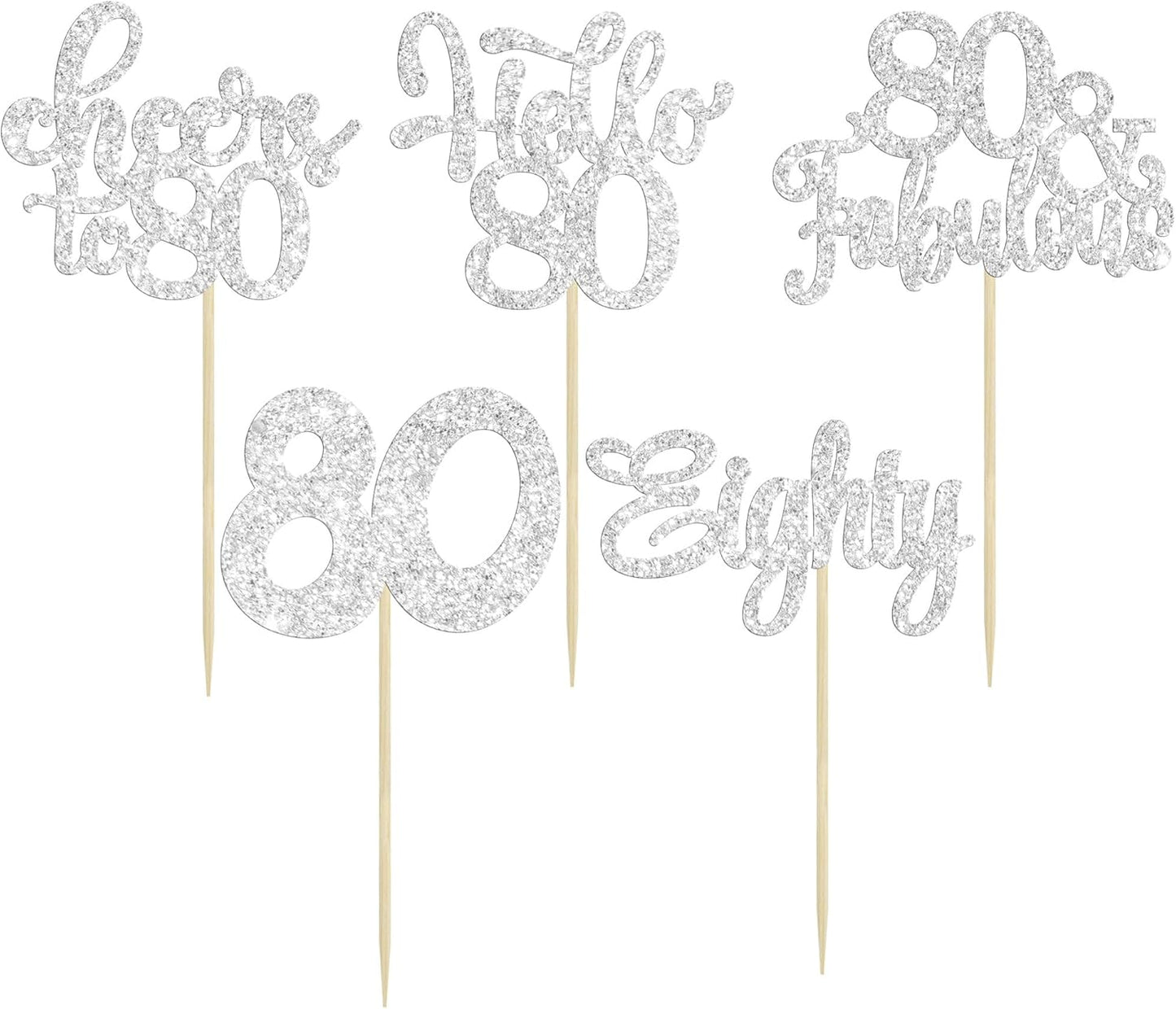 30Pcs Happy 80th Birthday Cupcake Toppers Eighty Cheers to 80 Years Old Birthday Cupcake Picks for Happy 80th Birthday Anniversary Party Cake Decorations Silver Glitter