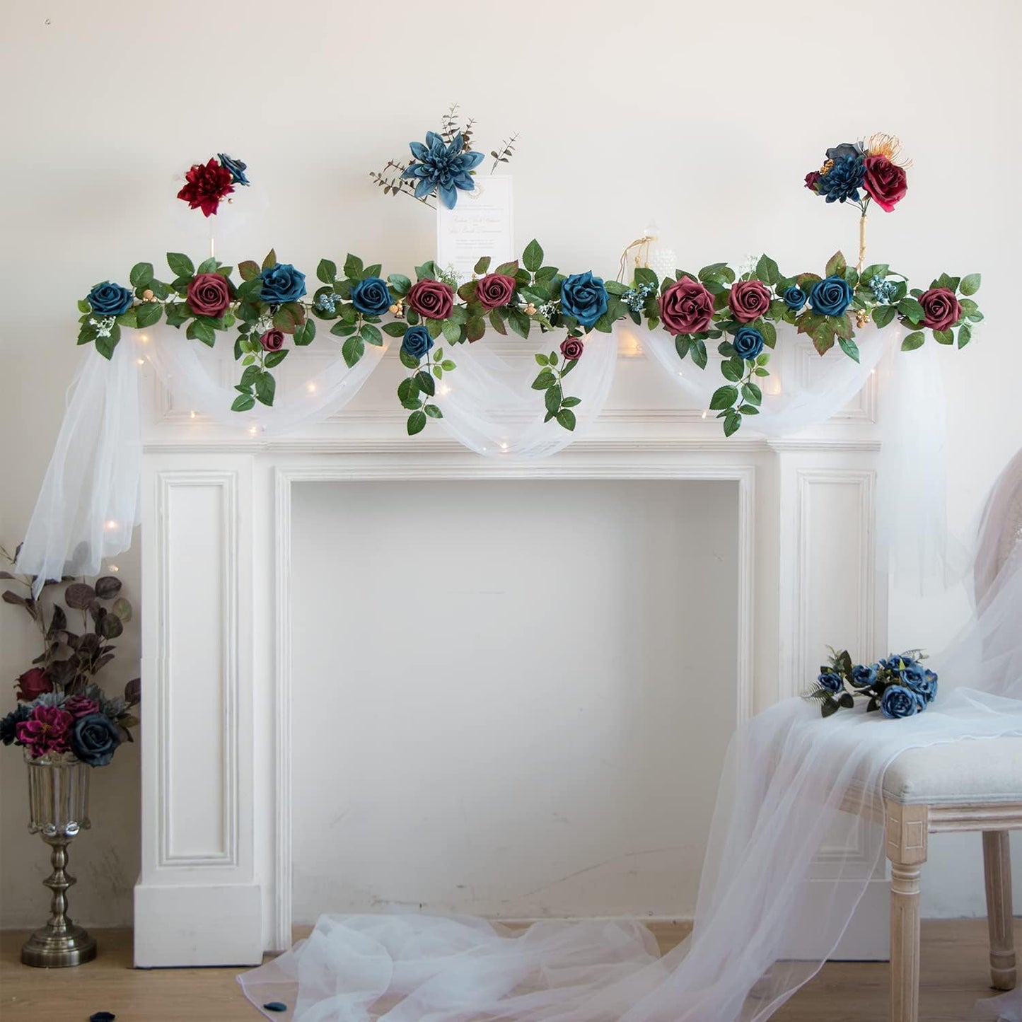 PONATIA 5FT Handcrafted Artificial Rose Flower Garland, Burgundy Flower Garland for Wedding Ceremony Garlands Backdrop Arch Flowers, Ceremony Reception Table Decorations (Burgundy & Navy)