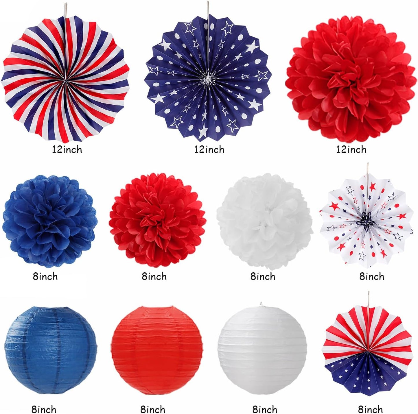 Red-White Blue Memorial-Day Patriotic Decorations - 21pcs 4th Fourth of July Paper Lanterns Fans,Tissue Pom Poms Streamers,Honeycomb Balls,USA Americana Independence Banner Decor Burgleda