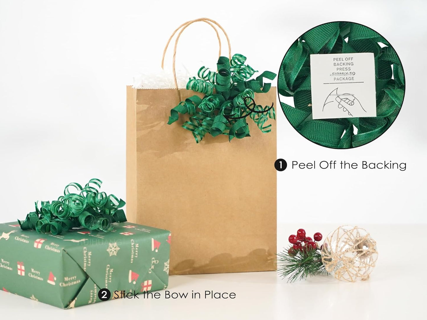 HUIHUANG Green Christmas Bows for Gift Wrapping Curly Gift Bow 5 inch x 8 Counts Forest Green Self-Adhesive Xmas Bows for Presents, Paper Bag, Party Favors, Wrapping Accessories