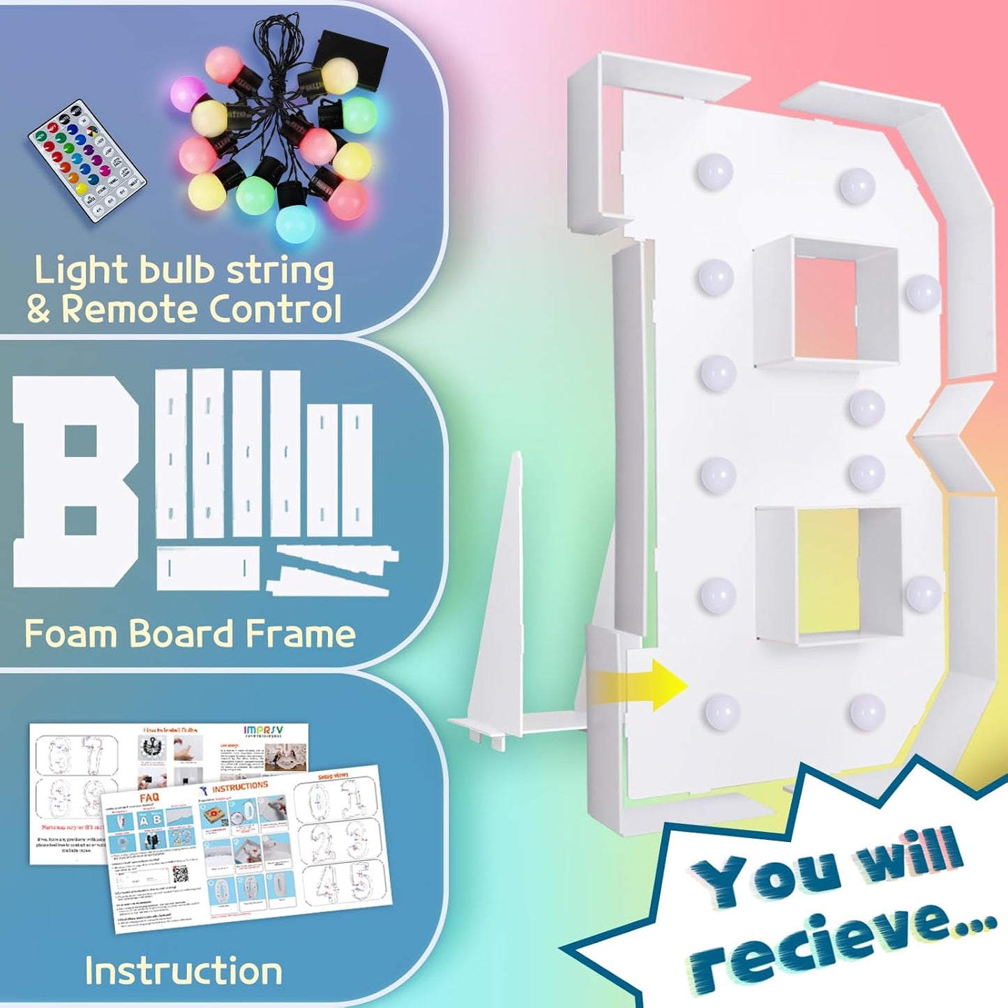 imprsv 4FT Colorful Marquee Light Up Letters B, 18 Colors Large Light up Letters Alphabet Sign with Remote, Large Marry Me Sign, Birthday Party Decorations Baby Shower Anniversary Wedding Decoration