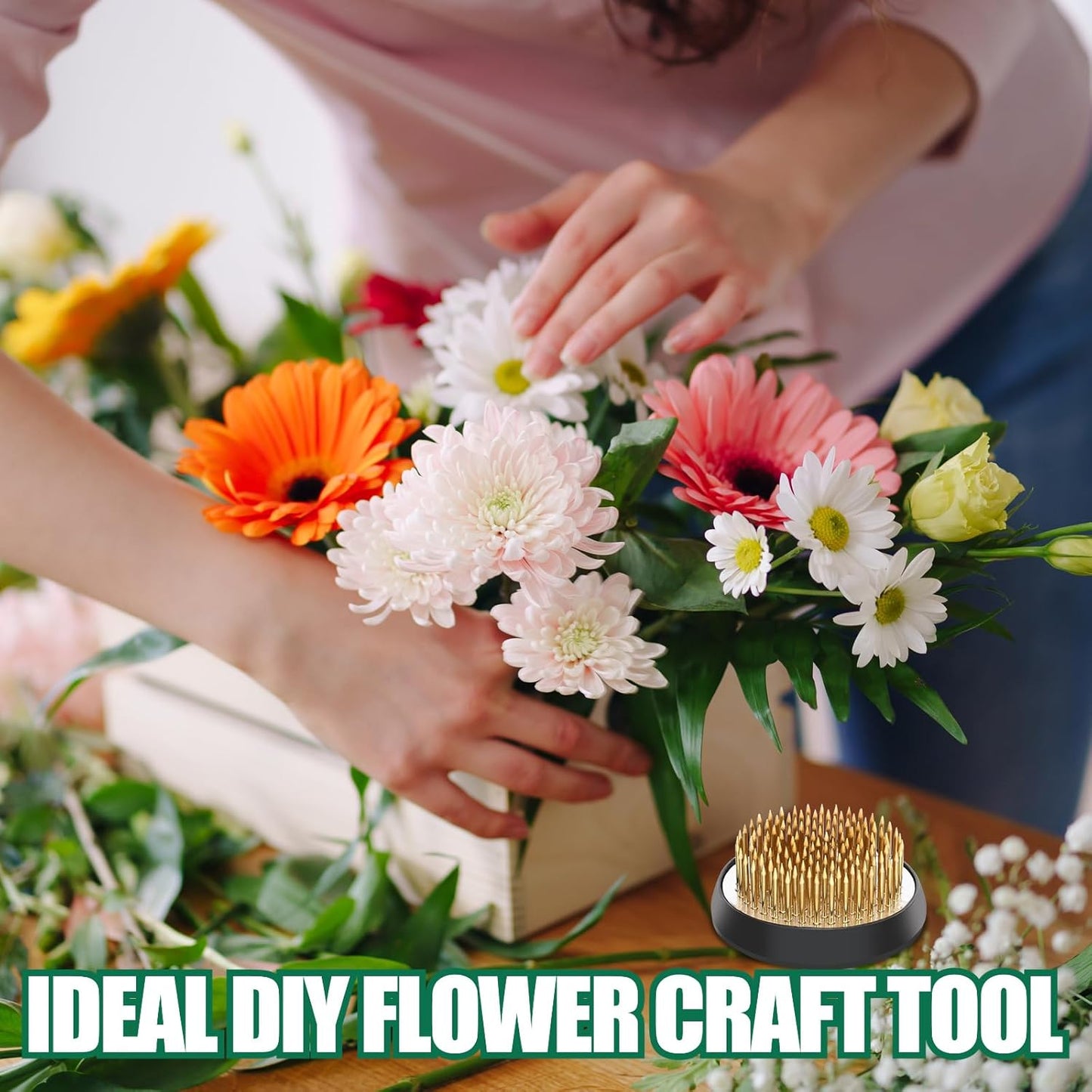 Sliner 16 Pieces Floral Frogs Round Flower Holder Japanese Ikebana Vase Kenzan Flower Flower Arranger Flower Fixed Tools Pin for Flower Arrangement Home DIY Craft (Gold,1.81 Inch)