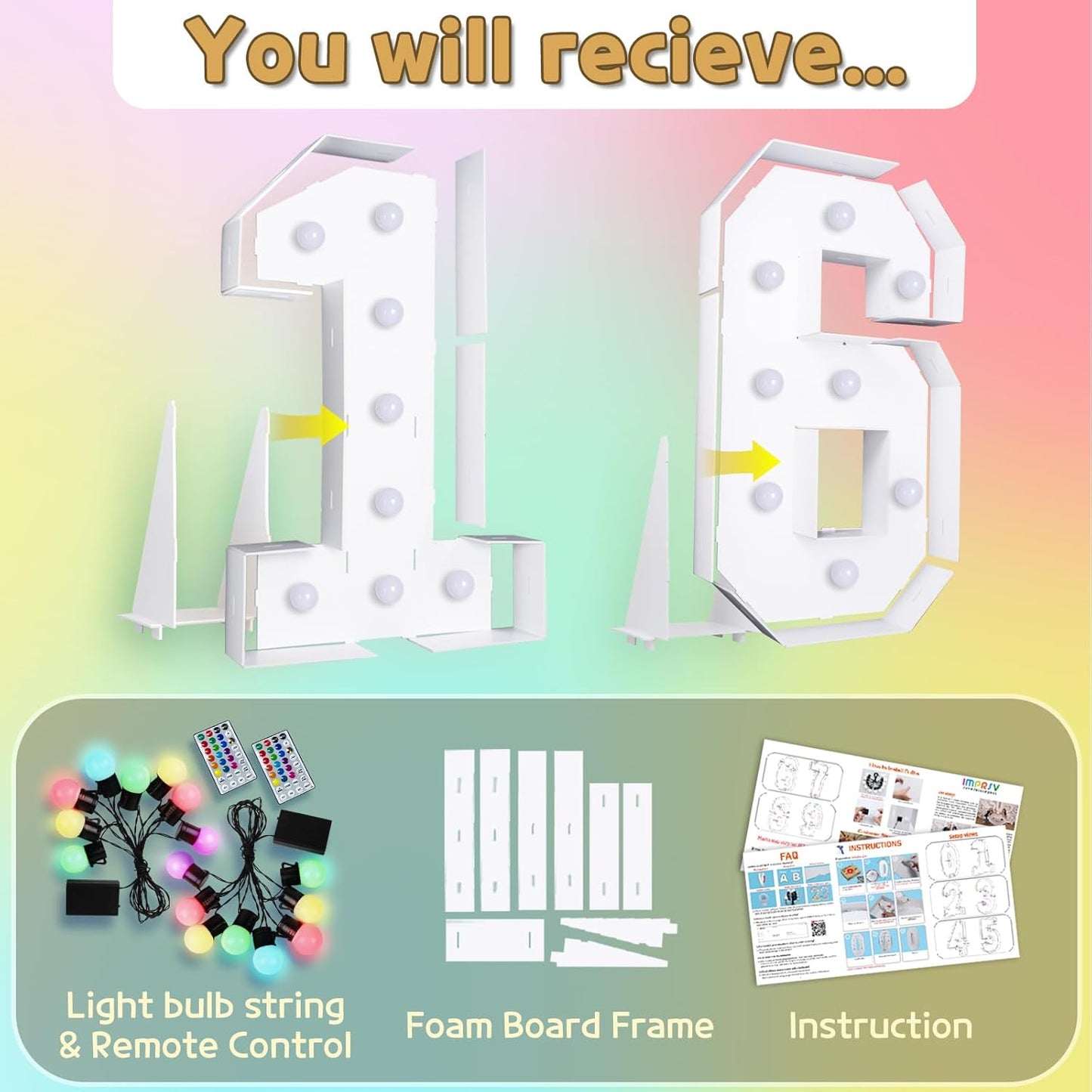 Marquee Numbers Colorful 16th-Birthday Decoration: 4FT Large Light Up Sweet 16 Year Old Birthday Decorations Anniversary Backdrop for Boys Girls Cardboard Sign 18 Colors Number 16 Mosaic Balloon Frame