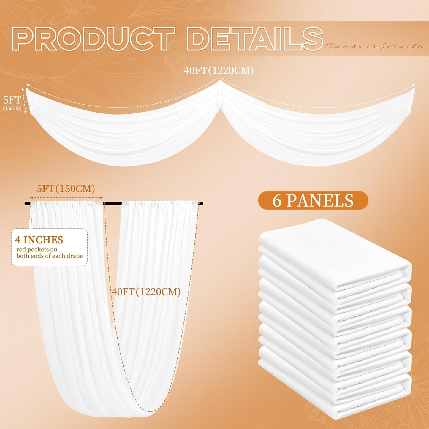6-Panel White Ceiling Drapes - 5ftx40ft Sheer Curtains for Wedding Arch & Stage Decorations