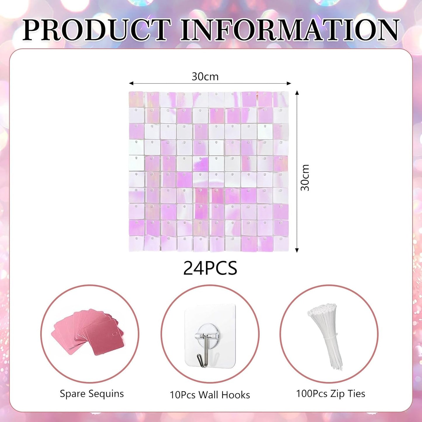 24PCS Colorful Light Pink Shimmer Wall Backdrop, Square Sequin Photo Backdrops Panel, Glitter Wall Background for Birthdays, Weddings, Christmas, Engagements, Disco Bachelorette Party Decor (3FTx4FT)