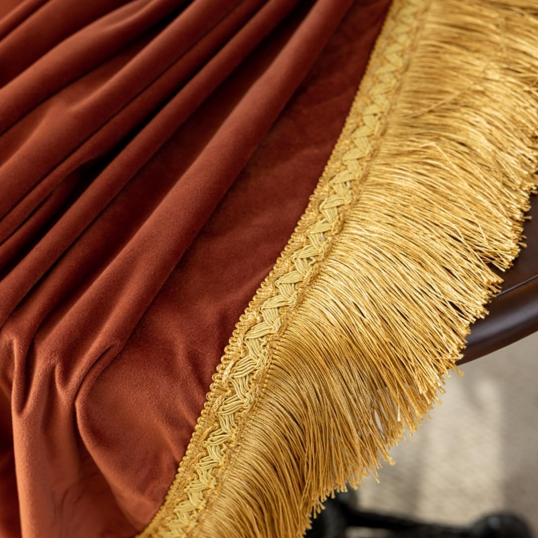 F-CHU Luxury Burnt Orange Tablecloth Thickset Velvet Tablecloth with Beautiful Gold Vintage Tassels Table Cloth for Home Decor Wedding, Party, Banquet and Events 67" Round