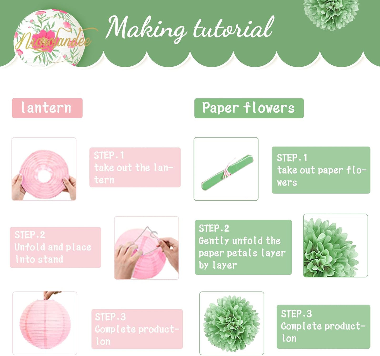 NICROLANDEE Wedding Party Decorations, 12 PCS Green Pink Blooms Paper Lanterns Tissue Pom Poms for Fairy Birthday Party Decorations, Foil Gold Butterfly Baby Bridal Shower Spring Easter Party Decor