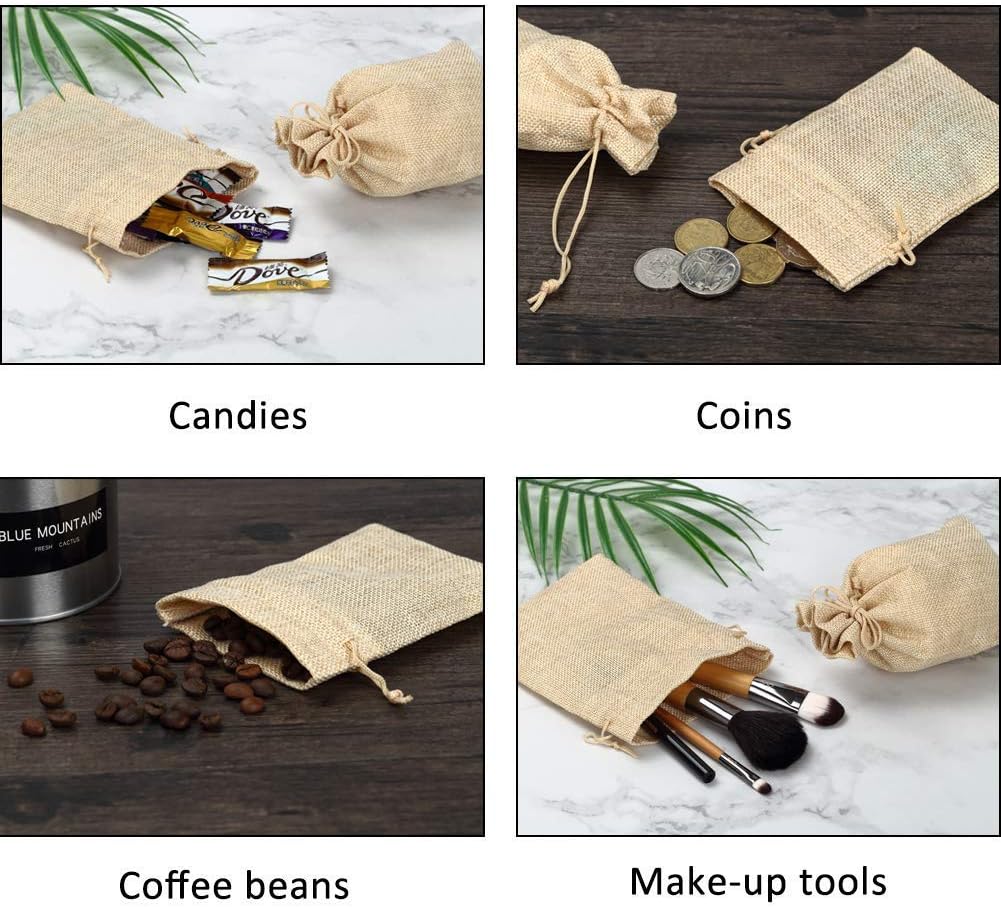 20Pcs Drawstring Burlap Bags, Jute Sacks Jewelry Candy Pouch Christmas Wedding Party Favor Gift Bags (Flaxen, 2.7 x 3.5)