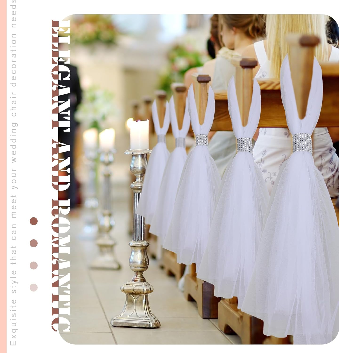 36 Set Wedding Aisle Chair Decorations 31.5 Inch Pew Bows with Long Tulle Tails and Rhinestone wrap for Wedding Ceremony Church Bridal Shower Banquet Decor (Silver)