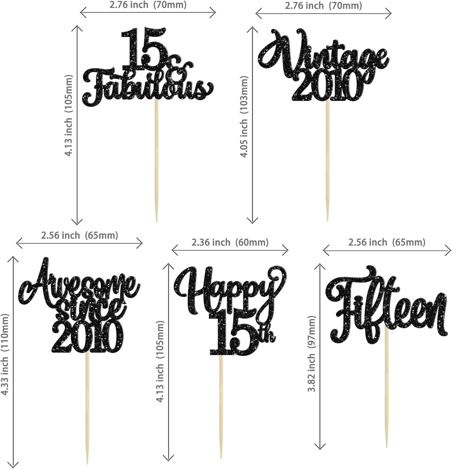 30Pcs Happy 15th Birthday Cupcake Toppers Glitter Fifteen Vintage 2010 Cupcake Picks Cheers to 15 Fabulous Cake Decorations for 15th Birthday Wedding Anniversary Party Supplies Black