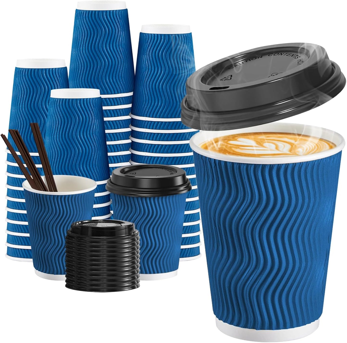 SIUQ 90 Pack 12 oz Disposable Coffee Cups with Lids and Straws, Insulated Ripple Wall To Go Paper Coffee Cups for Coffee, Hot Chocolate and Hot Tea Drinks - Navy