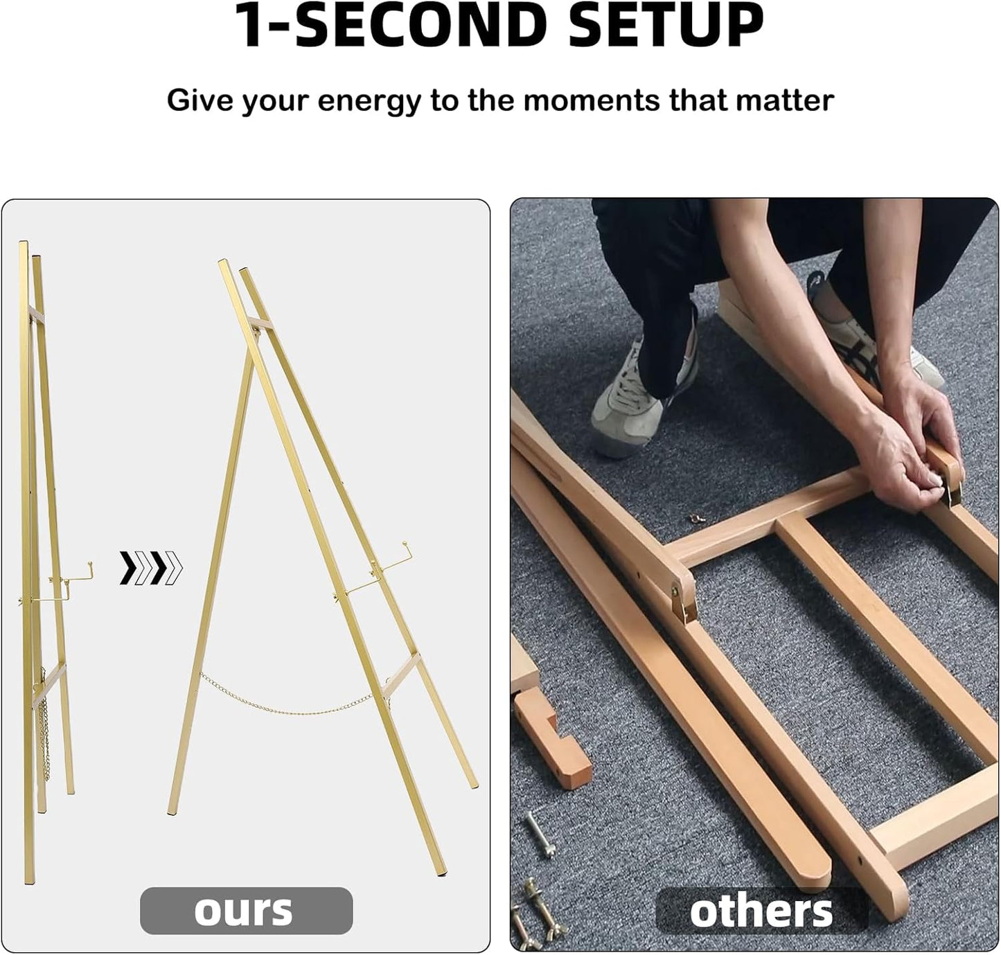 GRENTY 2 Pack Gold Easel Stand for Wedding Signs – No Assembly Needed, Heavy Duty Metal Display Stand for Art, Welcome Signs, Posters, Pictures, Paintings, and Floor Décor