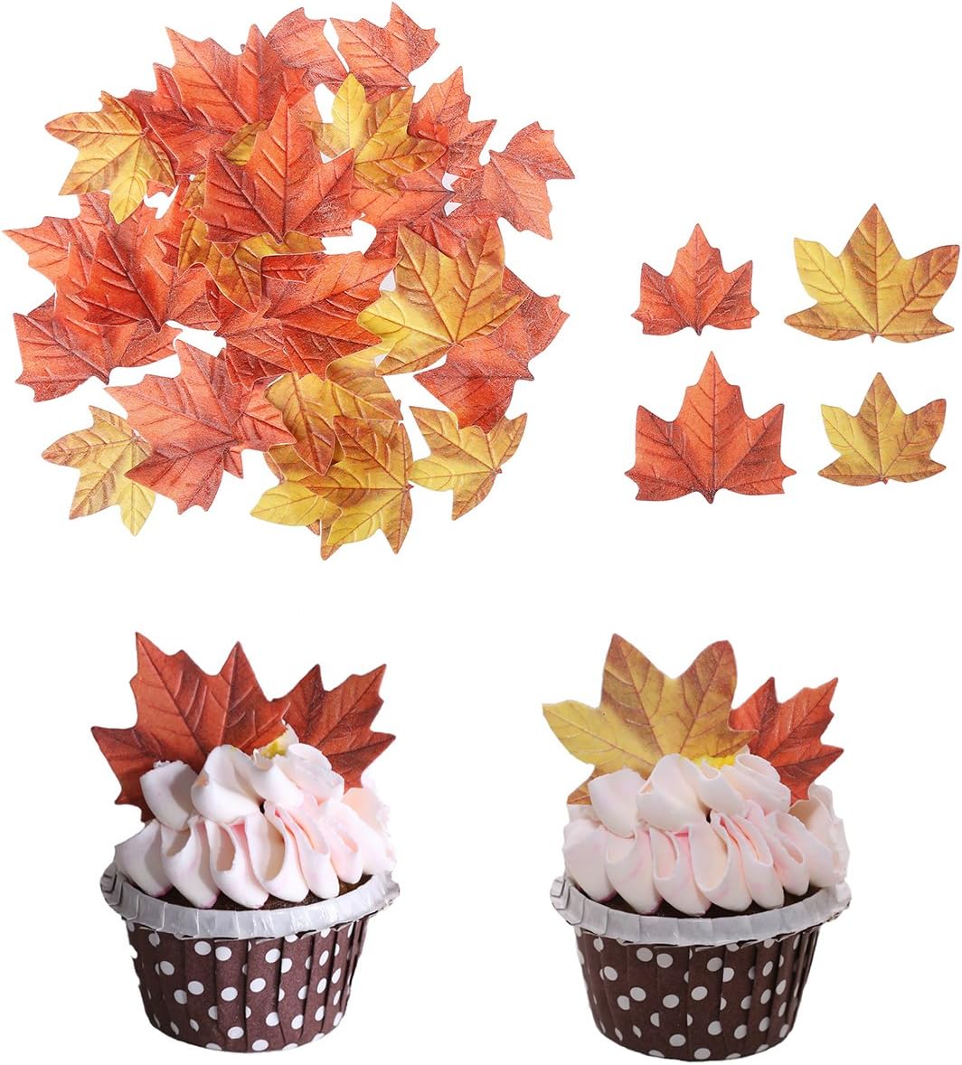 GEORLD Edible Fall Leaves Set of 48 Cake Decorations, Autumn Cupcake Topper 2 Colors
