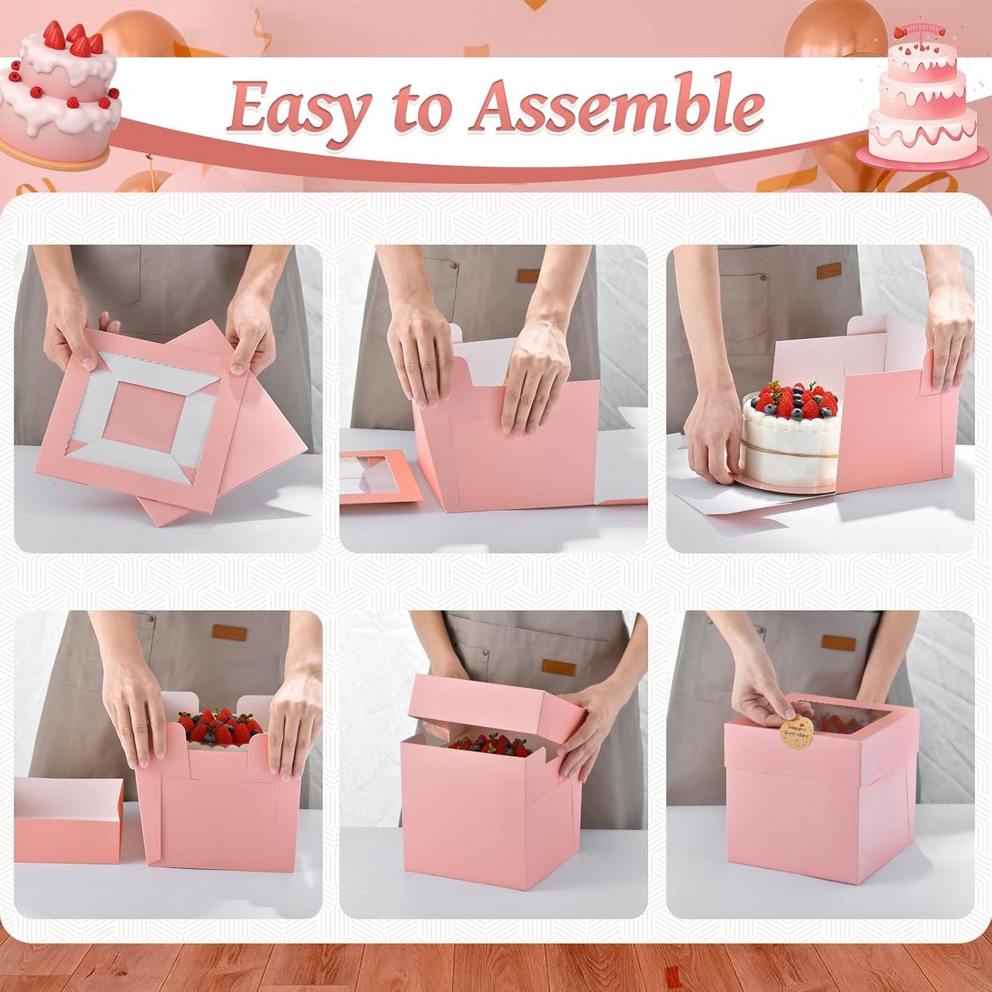 12Pcs 8x8x8 Inches Cake Boxes, Pink Square Bakery Boxes with Window, Disposable Cake Carrier Container for Pastries, Pie, Cookies, Chocolates, Cupcakes, Birthday Party, Wedding