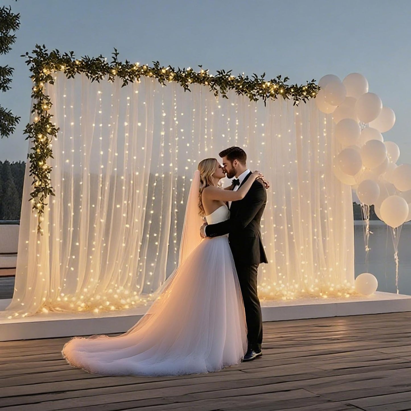 10×10ft Tulle Backdrop Curtains with Lights String - 300LED Fairy Lights Sheer Curtain Backdrop for Weddings Baby Shower and Birthday Party Decorations(6 Panels 5×10ft)