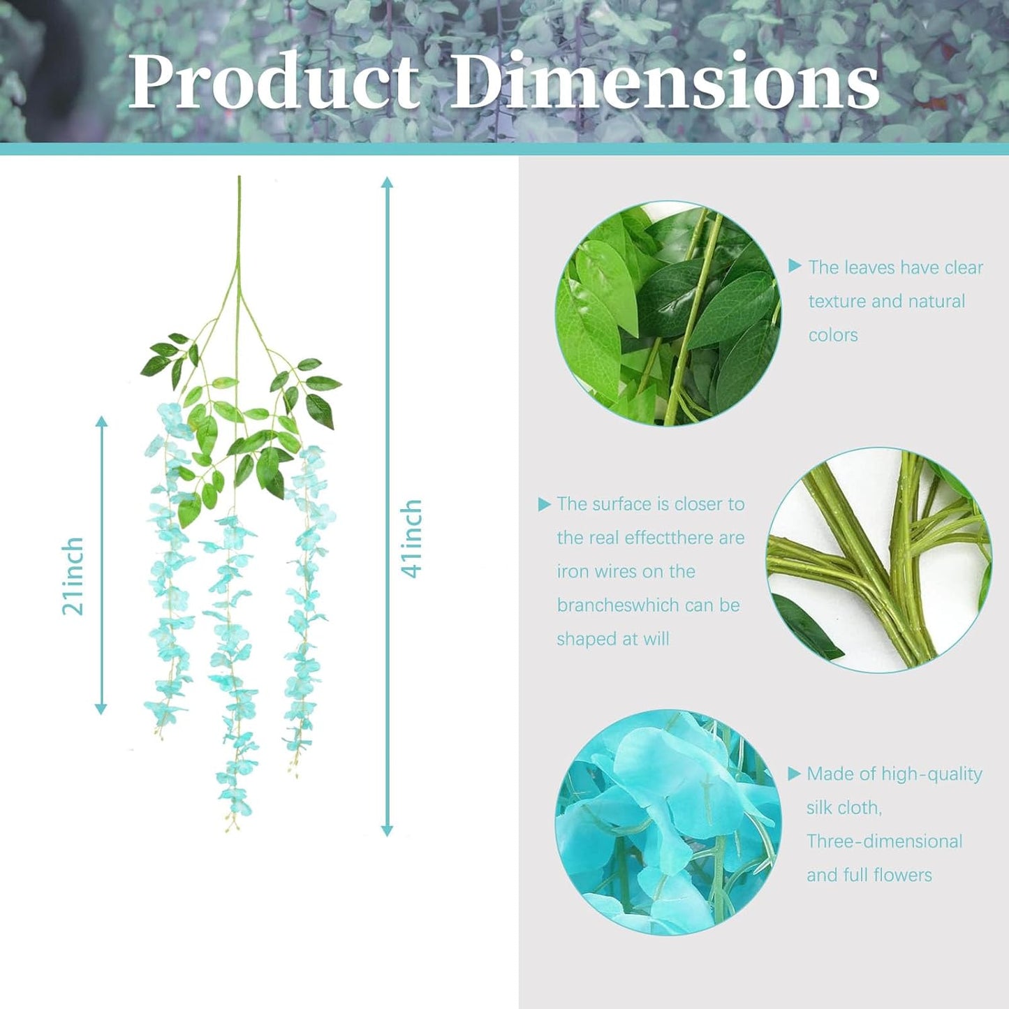 5 Pack Teal Wisteria Hanging Flowers, 3.44 Ft Fake Hanging Flowers, Artificial Wisteria Garland Vines for Wedding Room Backdrop Outdoor Patio Garden Decoration