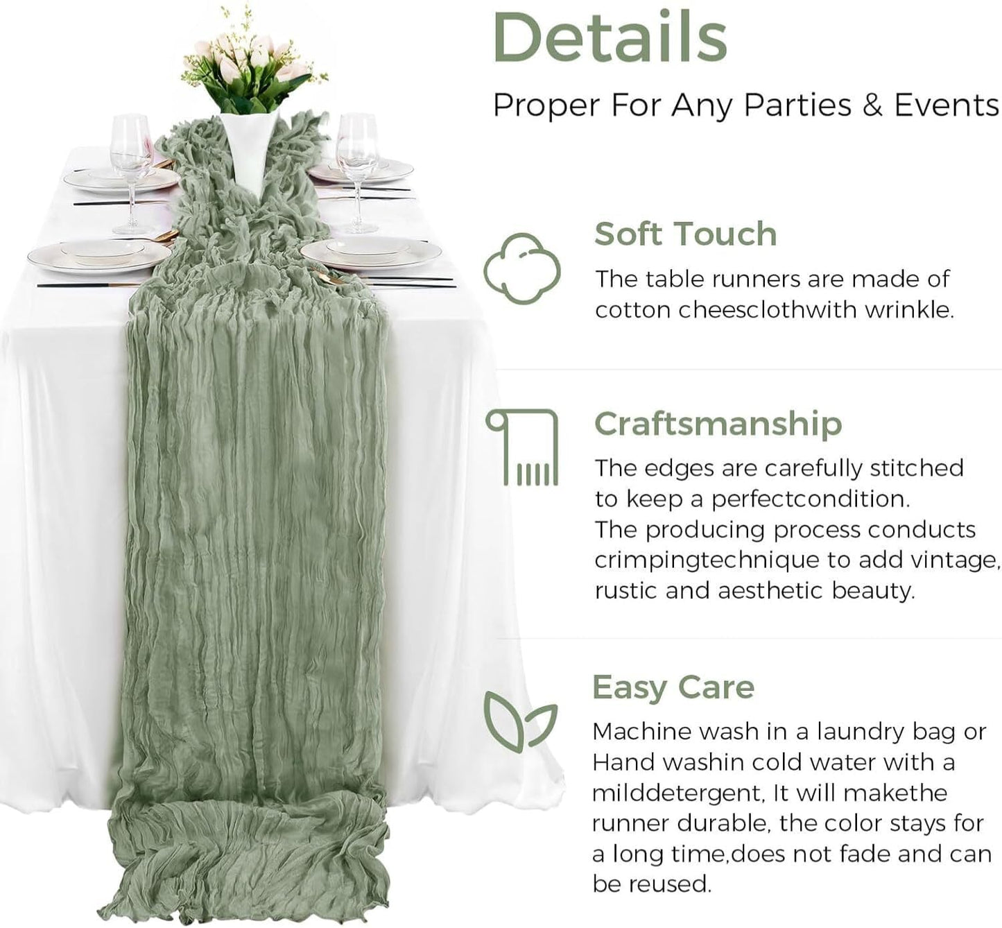 6Pcs Sage Green Cheesecloth Table Runner 120 Inch Green Cheesecloth Table Runner10FT Sage Table Runner Boho CheeseClothTable Runner forWedding Party Baby Shower Birthday Home Decor Holiday Decorations