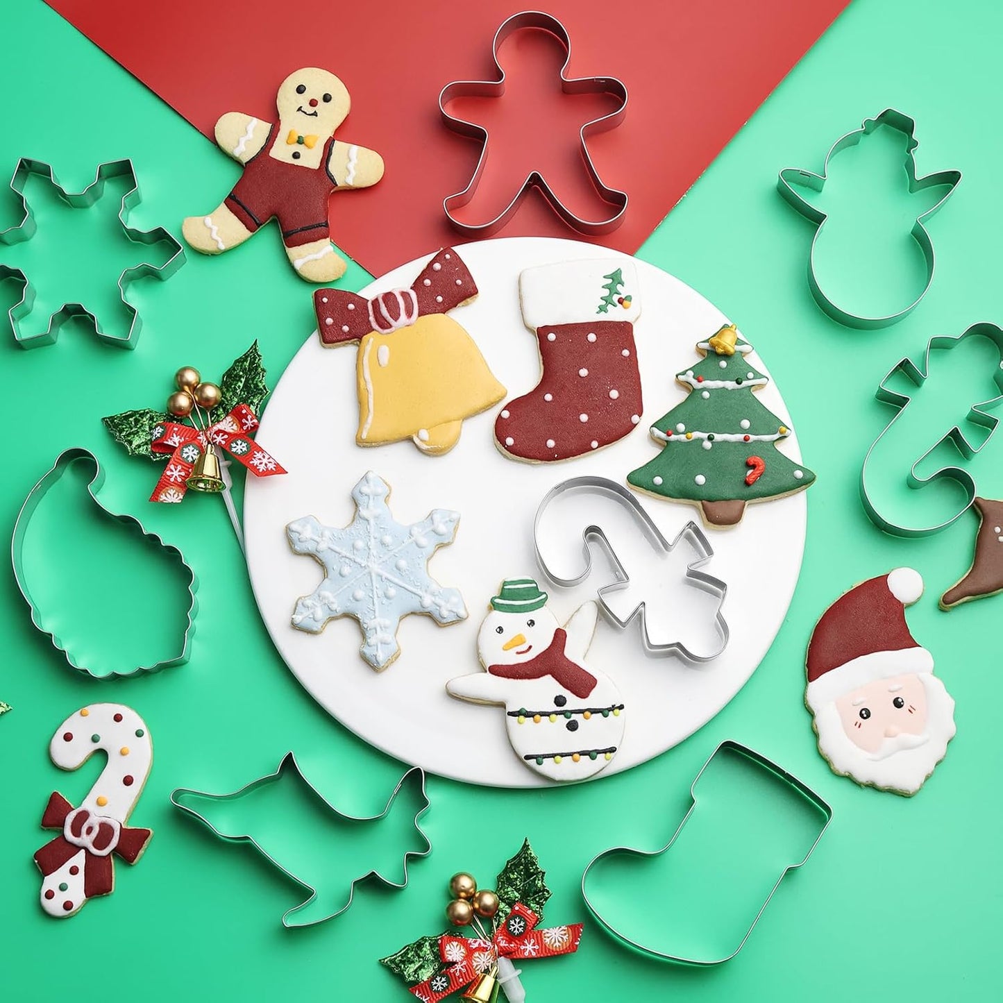 Christmas Cookie Cutters Set- 9 Piece Stainless Steel Winter Holiday Metal Shapes-Christmas tree, Snowman, Candy Cane, Bells, Snowflakes, Gingerbread Man, Reindeer, Socks,Santa Face Shapes