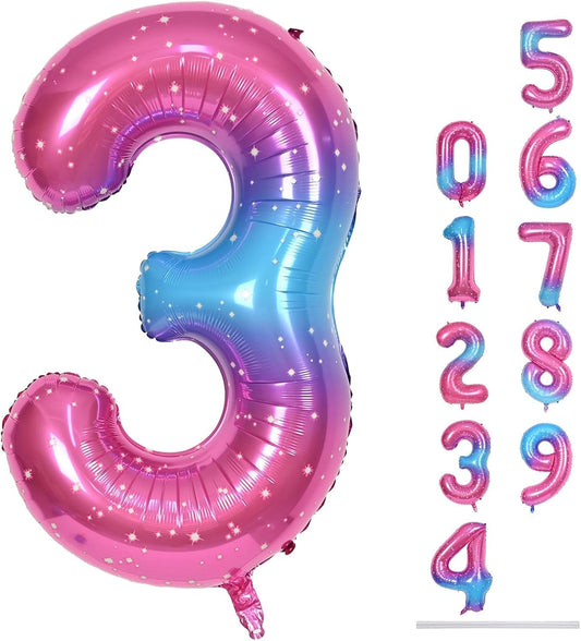 40 Inch Rainbow Large Numbers Balloons 3, Self Inflating Gradient Blue Pink Purple Digit 3 Helium Balloons for 3rd Girls, Starry Foil Mylar Number Balloons 0-9 for Women Birthday Party Decorations
