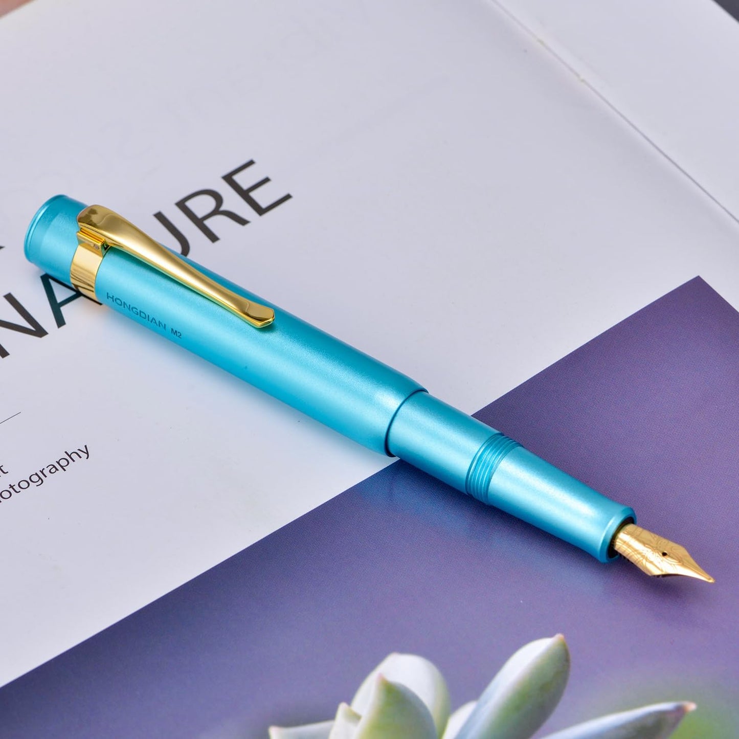 HONG DIAN M2 Black Forest Mini Fountain Pen, Bent Nib & Sleek Shape Aluminium Short Pocket Travel Pen (Lake Blue)