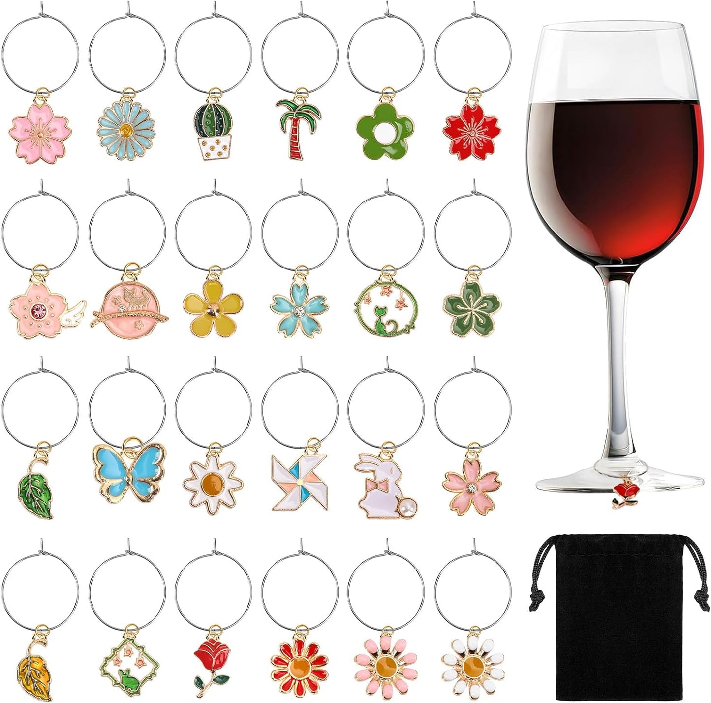 SANNIX Spring Floral Wine Charms - 24pcs Stem Glass Charms for Wine Tasting Party Decorations