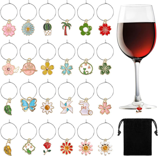 SANNIX Spring Floral Wine Charms - 24pcs Stem Glass Charms for Wine Tasting Party Decorations