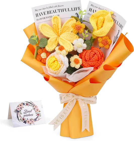 Crochet Flowers Cute Bouquet, Handmade Crochet Flowers Knitted Bouquet, Tulips Flower and Calla Lily for Birthday, Teacher’s Day, Graduation, Valentines (Yellow)