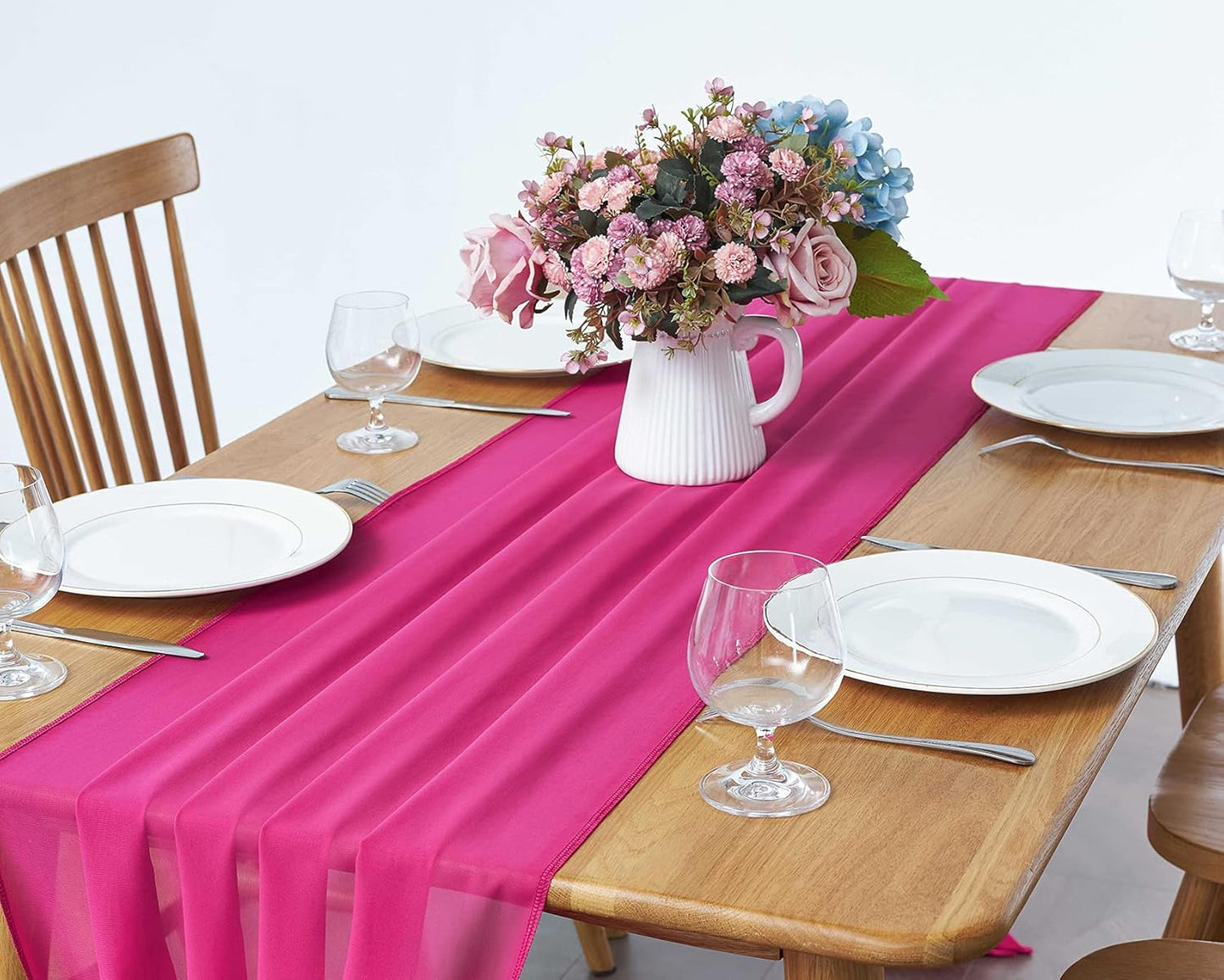 2 Pack 10Ft Fuchsia Chiffon Table Runner Sheer 29x120 Inch for Romantic Wedding Decor Bridal & Baby Shower Birthday Rustic Party Decoration