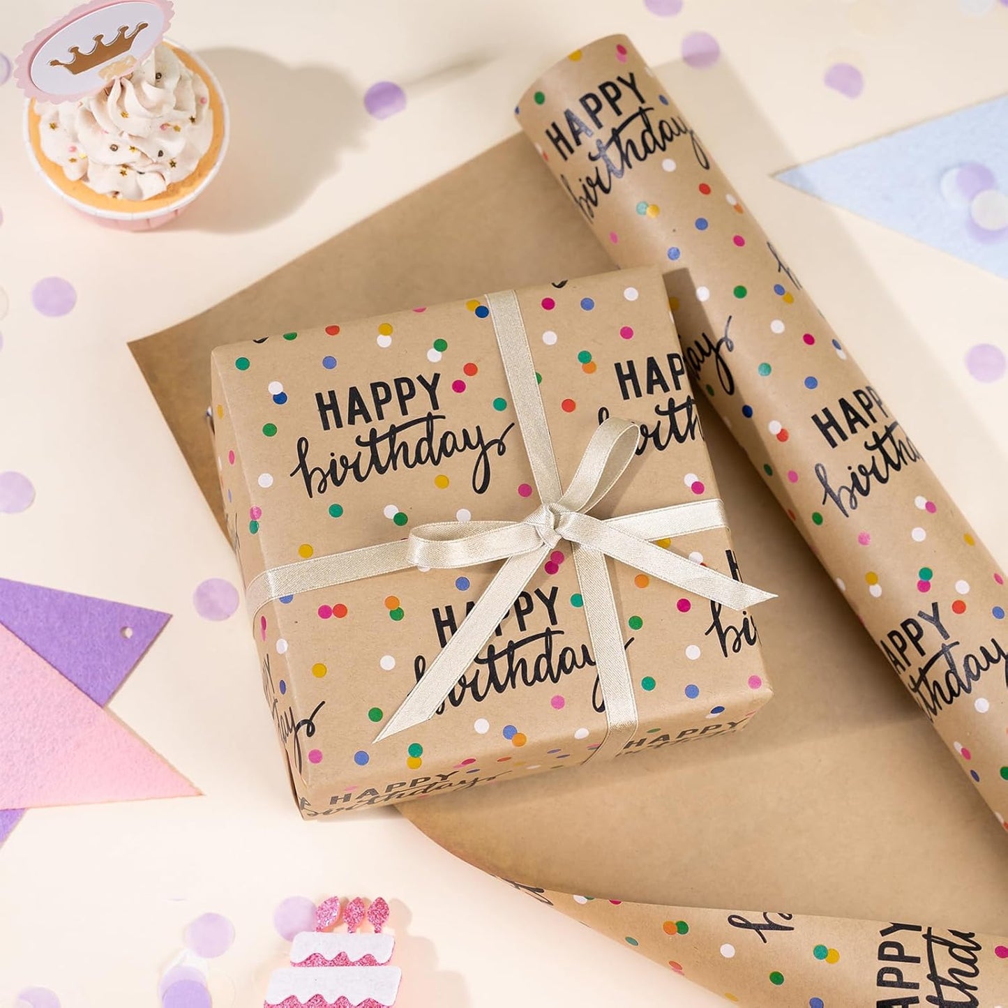 LeZakaa Birthday Kraft Wrapping Paper Roll, Happy Birthday Lettering & Colored Polka Dots Kraft Design for Holiday, Party, Baby Shower, 17 inches x 32.8 Feet (46.45 sq.ft.)