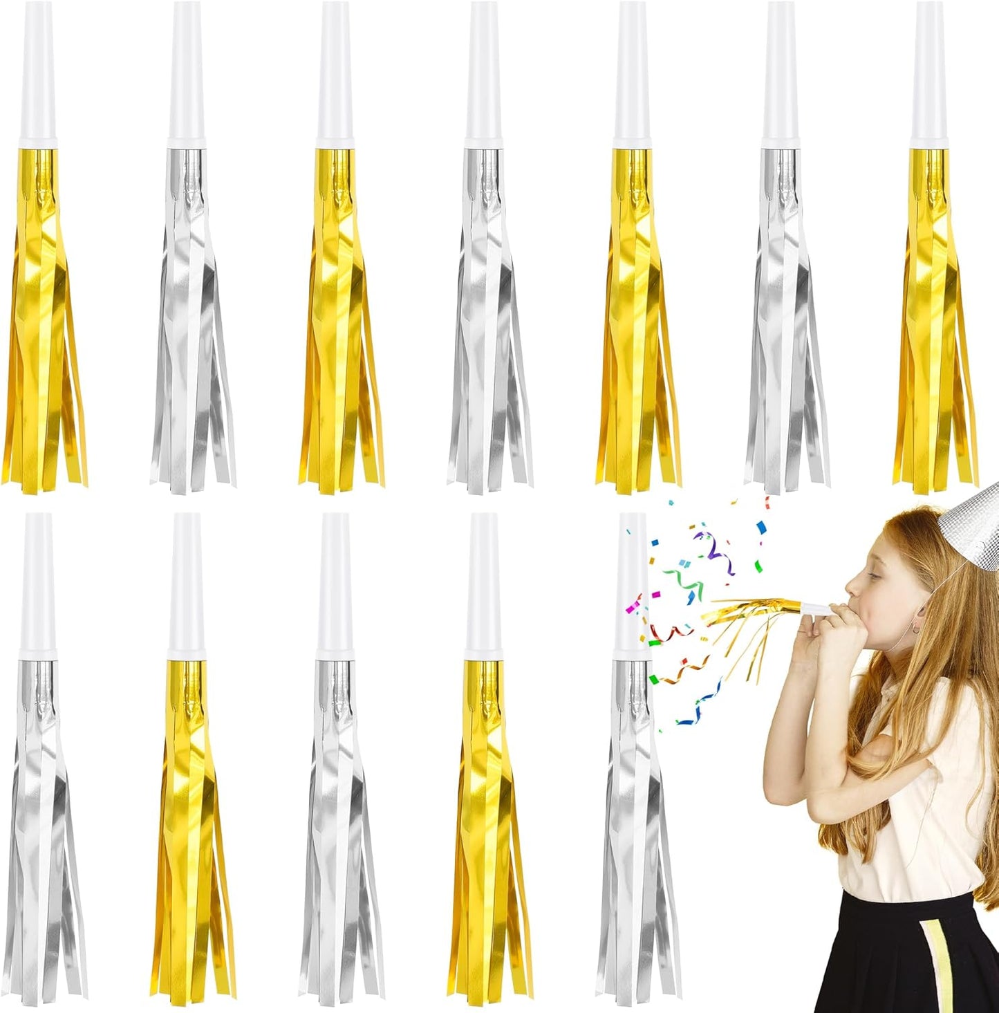 12 Pcs Glitter Noise Makers Metallic Fringed Party Blower for Adults Birthday Graduation New Years Party Favors Supplies (Gold and Silver)