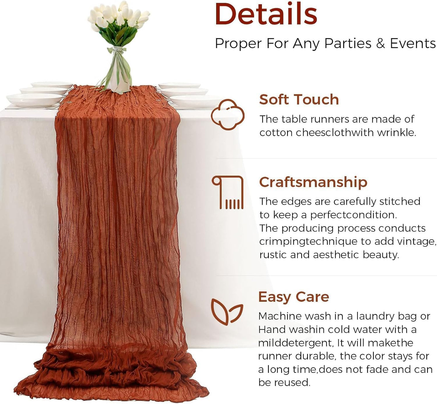 6Pcs Terracotta Cheesecloth Table Runner 120 Inch10FT Terracotta Color Rustic Boho Cheesecloth Table Runnerfor Wedding Party Baby Shower Birthday Home Decor Holiday Decorations