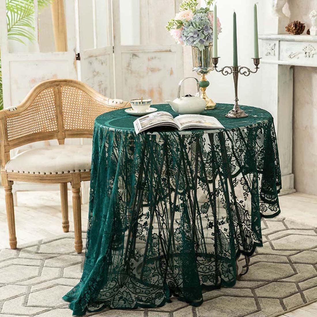 Vintage 60 inch Green Lace Tablecloth Floral Embroidered Boho Shabby Chic Small Table Cover for Wedding Halloween Party Dinning Holiday, 1 Piece