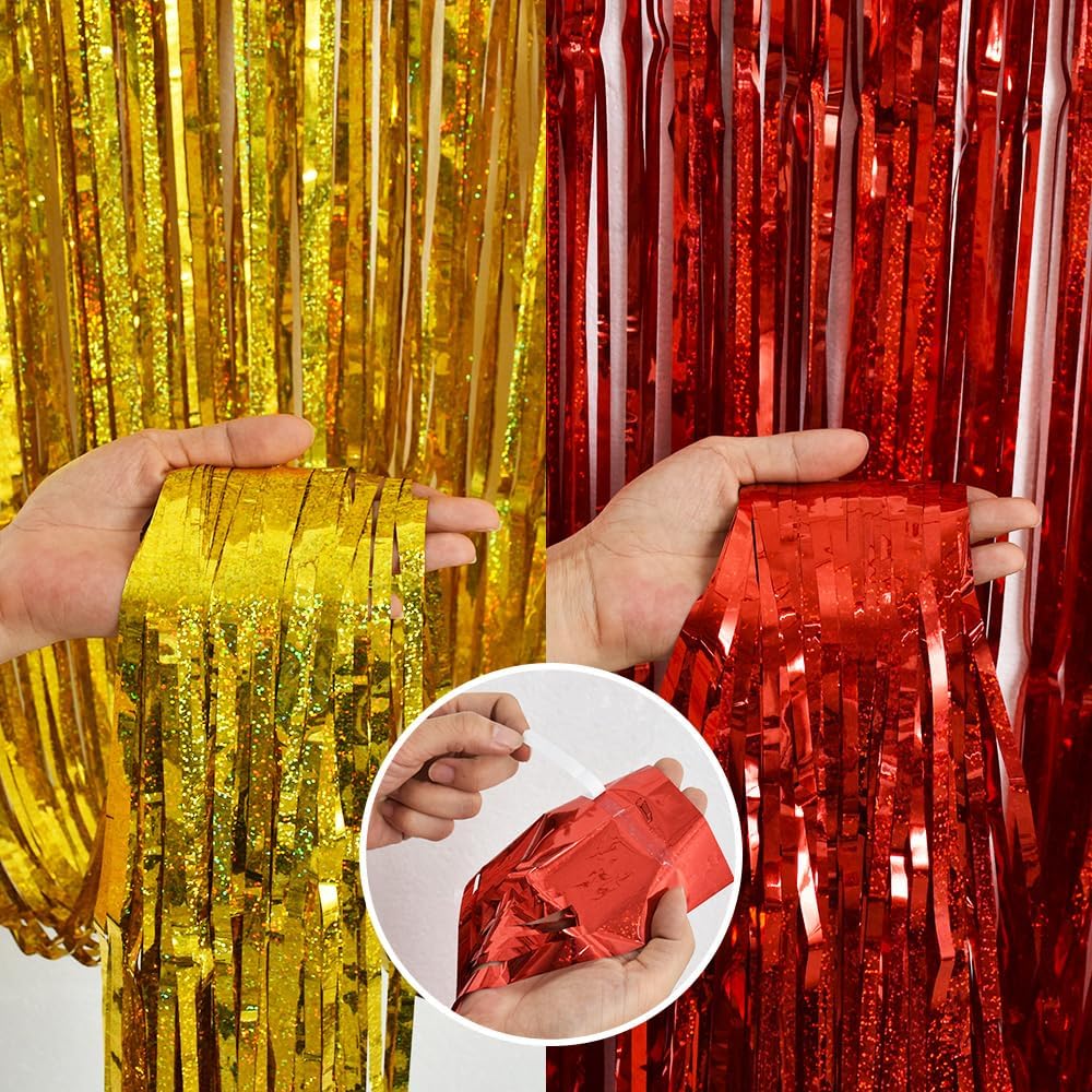 BEISHIDA 4 Pcs Red and Gold Party Streamers Fringe Foil Curtain Backdrop Tinsel Background Party Decoration for Door Wall Graduation Birthday Wedding Anniversary Christmas Party Decoration
