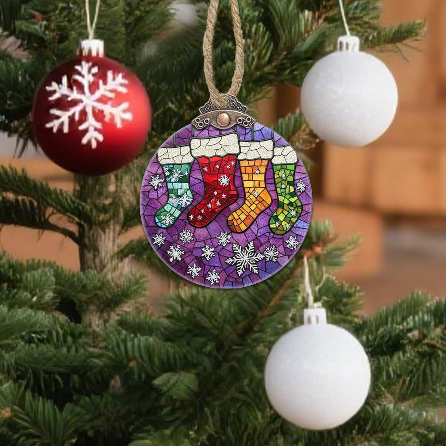 Stained Glass Christmas Decorations, Colorful Stockings Purple Suncatcher for Window Christmas Tree Hanging Ornaments Snowflake Sun Catcher Xmas Decor Gifts for Women Men Mom Nana Friend
